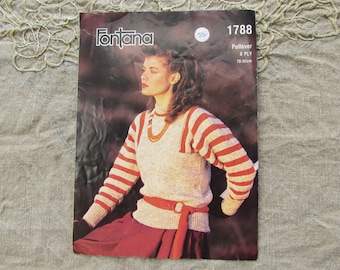 May include: A knitting pattern for a striped pullover sweater. The pattern is from Fontana, number 1788, and is for 8 ply yarn. The pattern is for a size 76-90cm.