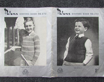 May include: A vintage knitting pattern book from Patons, featuring two boys wearing knitted sweaters. The book is titled "Patons Knitting Book No. 272" and costs 8d.