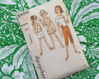 Vintage 28 Inch Bust, Girl's Tops, Shorts and Cropped Pants - Mid Century Sewing Pattern, Simplicity No 4499