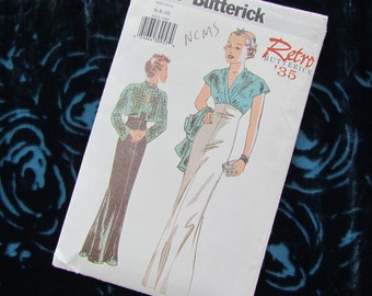 May include: Vintage sewing pattern for a dress and top. The pattern is from the 1930s and features a woman wearing a white dress with a blue top and a woman wearing a green top and black pants. The pattern is labeled "Retro Butterick '35" and "NCM's".