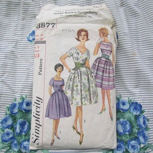 Vintage Size 36 Inch Bust, Full Skirt Dress with Three Necklines and Cummerbund - Mid Century Sewing Pattern, Simplicity No 3877
