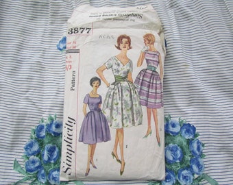 Vintage Size 36 Inch Bust, Full Skirt Dress with Three Necklines and Cummerbund - Mid Century Sewing Pattern, Simplicity No 3877