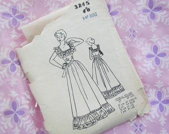 May include: Vintage sewing pattern for a dress with a ruffled neckline and hem. The pattern is for a size 34 bust and is labeled 3245 4/6. The pattern includes instructions for the dress and a list of materials needed.