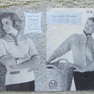 May include: A vintage black and white knitting pattern booklet showing two women in sweaters and jackets. The booklet includes the text "TWO FROM Vienna" and "P&B WOOLS".