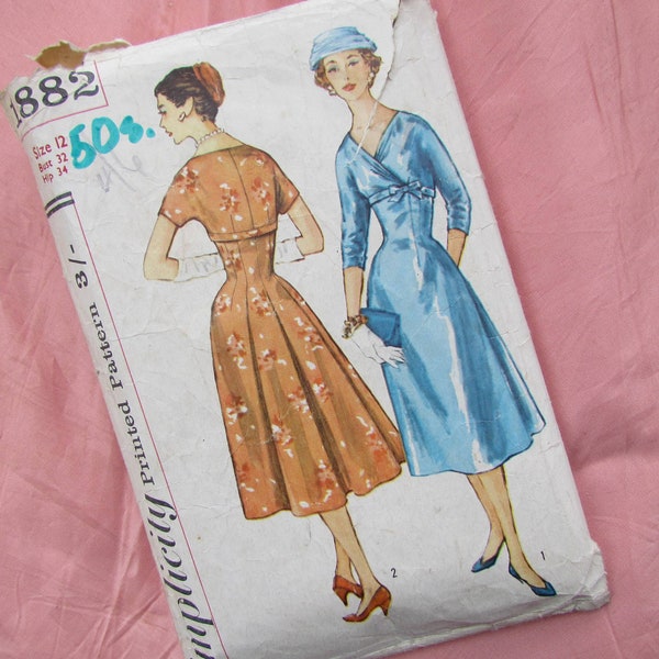 Vintage Size 32 Inch Bust, High Waist Flared Skirt Dress - 1956 Sewing Pattern, Simplicity No 1882