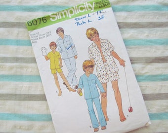 May include: Simplicity sewing pattern number 6076 for a boy's pajama set. The pattern includes instructions for making a long-sleeved shirt and shorts. The pattern is for sizes 10, with a chest measurement of 28 inches and a waist measurement of 25 inches.