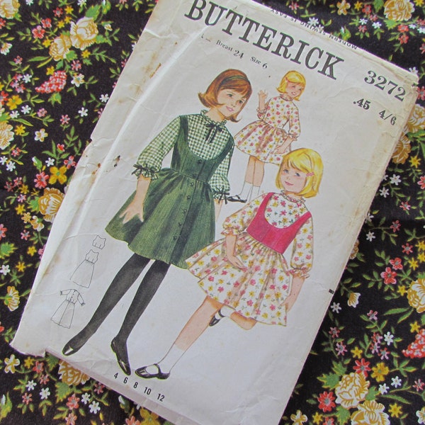 Vintage Age 6 Years, Dress with Dirndl Style Vest - Mid Century Sewing Pattern, Butterick No 3272