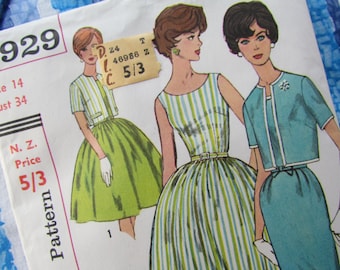 Vintage Size 34 Inch Bust Pencil or Full Skirt Dress With Short Jacket - Mid Century Sewing Pattern, Simplicity No 3929