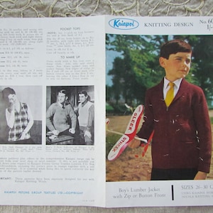 May include: A knitting pattern for a boy's lumber jacket with a zip or button front. The pattern is from Kaiapoi Knitting Designs and is for sizes 26-30 chest. The pattern uses Kaiapoi worsted double knitting wool.
