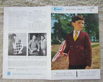 Vintage Sizes 26-30 Inch, Child's Zip or Button Front Lumber Jacket or Cardigan - Mid Century Knitting Pattern, Kaiapoi No 609