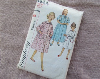 May include: Simplicity sewing pattern number 3244 for girls' nightgowns. The pattern includes three different styles: a pink quilted robe, a blue polka dot dress, and a white dress with red trim. The pattern is for sizes 10, 28 bust, 30 hip.