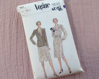 May include: Vintage Vogue sewing pattern number 7817, size 12, featuring a dress and jacket with a floral print. The pattern is for a dress with a ruffled collar and a jacket with a pocket. The pattern is on a white background with black text.
