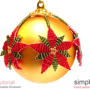 Beaded Christmas Poinsettia Ornament Pattern, Christmas Beading Patterns and Tutorials, Simple Seed Bead Patterns, Beaded Gifts Idea P-00315