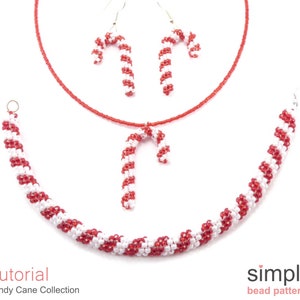 Op de afbeelding: Een set rode en witte kralen sieraden, waaronder een ketting, armband en oorbellen. De sieraden zijn gevormd als snoepstokken. De afbeelding bevat de tekst "Tutorial Candy Cane Collection" en "simple bead patterns".