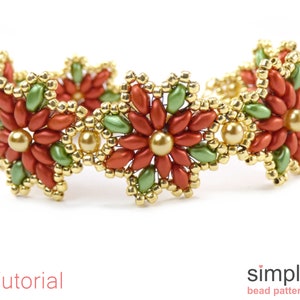 May include: A beaded bracelet with a repeating pattern of red, green, and gold flowers. The bracelet is made with small seed beads and features a simple design.