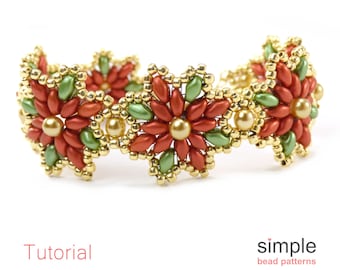 Christmas Bracelet Beading Pattern PDF: "Christmas Poinsettia Bracelet" Design