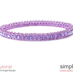 May include: A purple beaded bangle bracelet made with right angle weave. The bracelet is on a white background.