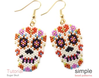 Motifs de perles de crâne de sucre perlé, tutoriels de fabrication de bijoux Halloween Beading Day of the Dead, Peyote Stitch Boucles d'oreilles Collier Broche P-00369