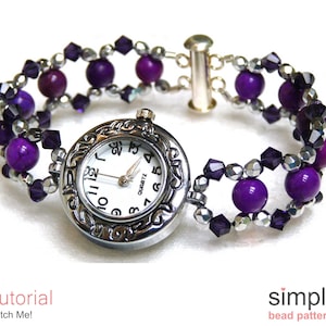 May include: A purple and silver beaded watch bracelet with a silver watch face. The watch face has black hands and a white background with black numbers. The bracelet has a silver clasp.