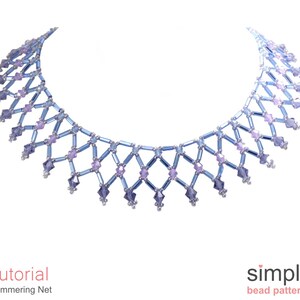 May include: A blue and purple beaded necklace with a shimmering net design. The necklace is made with small, faceted beads and has a delicate, feminine look.