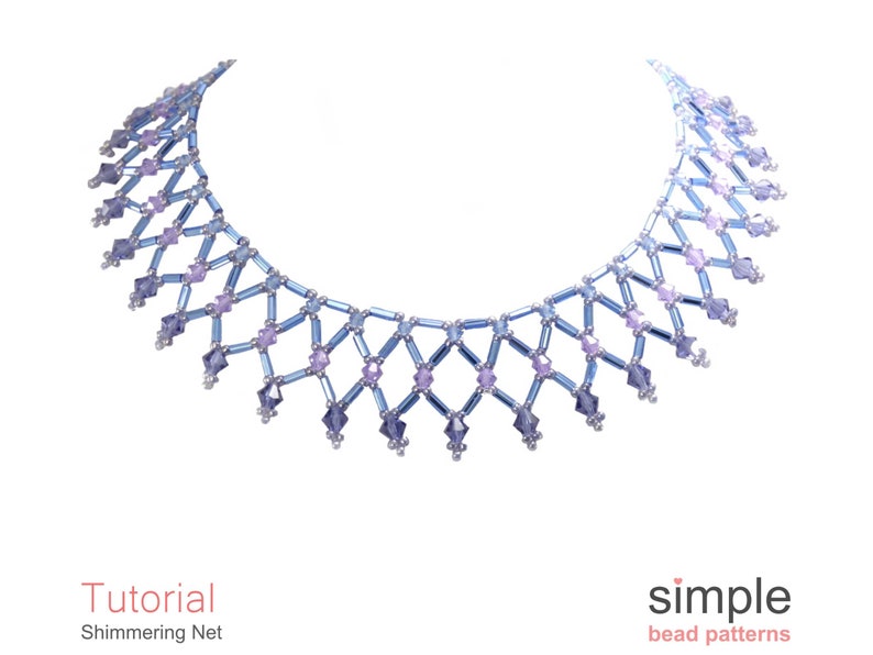 May include: A blue and purple beaded necklace with a shimmering net design. The necklace is made with small, faceted beads and has a delicate, feminine look.