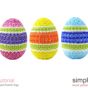 May include: Three striped Easter eggs made of beads. The eggs are pink, yellow, and blue with green and white stripes.