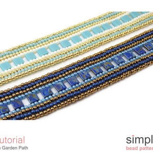 May include: Two beaded bracelets, one with blue, gold, and white beads, and the other with blue, brown, and gold beads. The bracelets are on a white background. The text "Tutorial Tila Garden Path" is below the bracelets. The text "simple bead patterns" is below the bracelets.