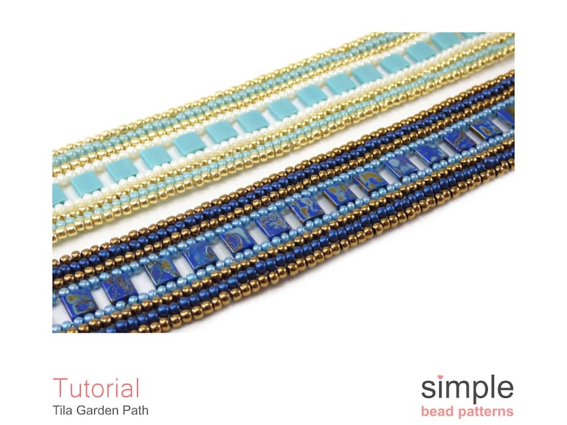 May include: Two beaded bracelets, one with blue, gold, and white beads, and the other with blue, brown, and gold beads. The bracelets are on a white background. The text "Tutorial Tila Garden Path" is below the bracelets. The text "simple bead patterns" is below the bracelets.