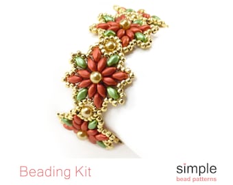 Beaded Poinsettia Christmas Bracelet Kit for Adults (in Red, Green, and Gold): "Christmas Poinsettia" Design