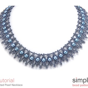 May include: A tutorial for a netted pearl necklace, featuring a close-up of the necklace made with blue beads. The text "Tutorial" and "Netted Pearl Necklace" is at the bottom of the image. The text "simple bead patterns" is at the bottom right of the image.