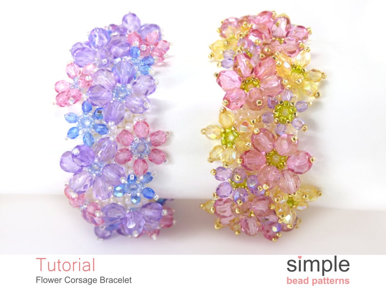 Beaded Flower Bracelet Pattern, Simple Bead Patterns, DIY Beaded Flower Corsage Bracelet, Easy Flat Peyote Stitch Bracelet Tutorial, P-00166 image 3