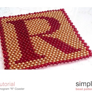 Porta-copos com monograma de contas, padrão de porta-copos com contas da letra R, padrão de contas de ponto peyote com miçangas para iniciantes, porta-copos com alfabeto R, P-00272