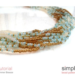 May include: Close-up of a beaded necklace with strands of white, light blue, and gold beads. The necklace is made of small, seed-like beads. The image includes the text "Tutorial Summer Breeze" and "simple bead patterns".