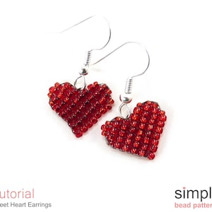 May include: A pair of heart-shaped earrings made of small, red beads. The earrings have silver-colored hooks. The image includes the text "Tutorial Sweet Heart Earrings" and the logo "simple bead patterns".