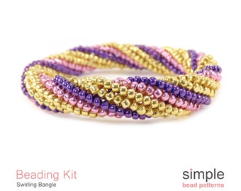 Seed Bead Bangle Bracelet Making Kit for Adults (in Gold, Pink, and Purple): "Swirling Bangle" Design