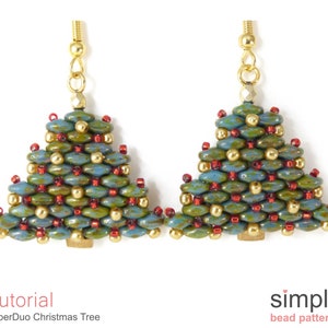 May include: A pair of gold beaded Christmas tree earrings. The trees are made with blue, green, gold, and red beads.