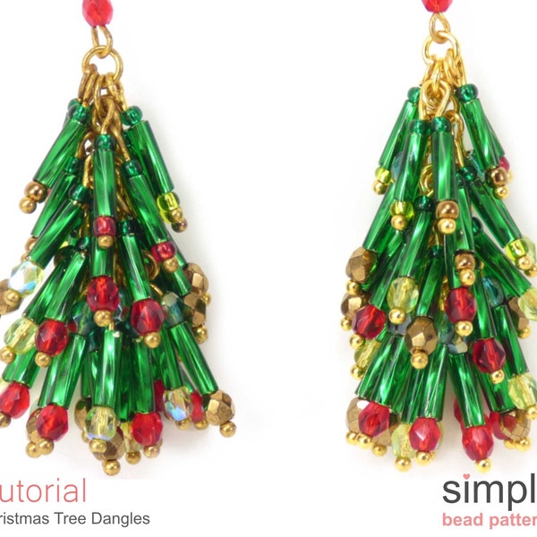 Beaded Christmas Tree Earrings Pattern, Beadweaving Christmas Tree Earrings, Bugle Bead Earrings Pattern, DIY Jewelry Making Beading P-00082
