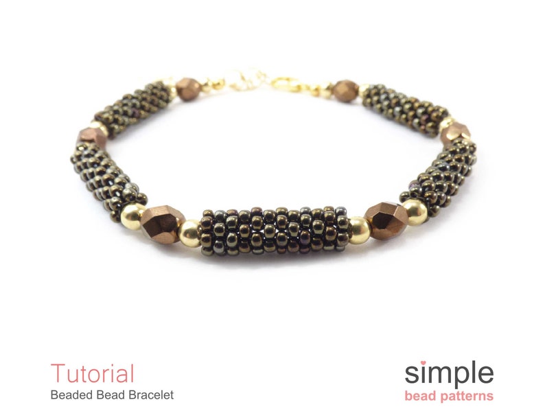May include: A beaded bracelet with brown and gold beads. The bracelet is made with small seed beads and larger faceted beads. The bracelet is closed with a gold clasp.