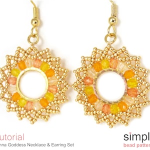 May include: A pair of handmade earrings with a sunburst design. The earrings feature a gold-colored metal frame and are adorned with small, colorful beads in shades of yellow, orange, and peach. The text "Tutorial Sunna Goddess Necklace & Earring Set" is visible.