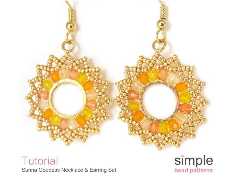 May include: A pair of handmade earrings with a sunburst design. The earrings feature a gold-colored metal frame and are adorned with small, colorful beads in shades of yellow, orange, and peach. The text "Tutorial Sunna Goddess Necklace & Earring Set" is visible.