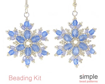 Beaded Snowflake Earrings Bead Kit for Adults (in Sapphire Blue and Silver): "Frosted" Design
