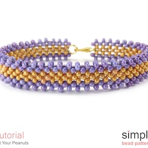 May include: A purple and gold beaded bracelet with a clasp fastening. The bracelet is made with small seed beads and has a simple, geometric design.