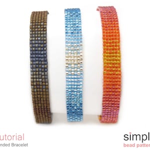 May include: Three beaded bracelets in different colour gradients: brown to blue, silver to blue, and orange to yellow. The bracelets are made with small square beads and are displayed on a white background. The text "Tutorial Blended Bracelet" and "simple bead patterns" is visible below the bracelets.