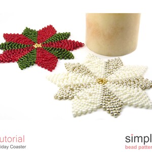 Christmas Poinsettia Coaster Beading Pattern, Beaded Christmas Poinsettia Ornaments, Beadweaving Pattern, DIY Bead Stitching Crafts, P-00215 image 3