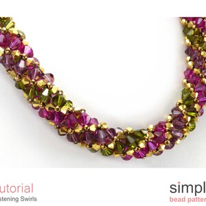 May include: A close-up of a beaded necklace with a swirling pattern. The necklace is made with gold, green, and purple beads. The necklace is on a white background. The text "Tutorial: Glistening Swirls" and "simple bead patterns" is at the bottom of the image.
