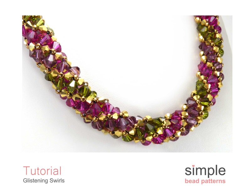May include: A close-up of a beaded necklace with a swirling pattern. The necklace is made with gold, green, and purple beads. The necklace is on a white background. The text "Tutorial: Glistening Swirls" and "simple bead patterns" is at the bottom of the image.