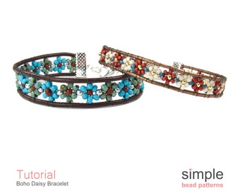 Beaded Leather Bracelet Pattern, Beaded Flower Bracelet Tutorial, Jewelry Making, Bead Woven Bracelet, Daisy Flower Bracelet Pattern P-00458