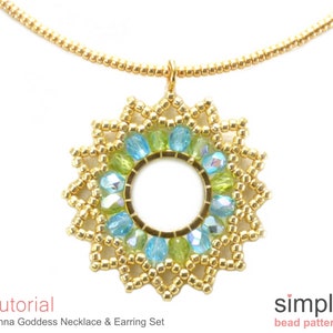 May include: A gold-colored beaded necklace with a pendant featuring a circular design. The pendant is adorned with blue and green beads, creating a sunburst effect. The text "Sunna Goddess Necklace & Earring Set" is visible.