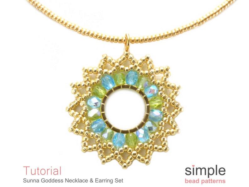 May include: A gold-colored beaded necklace with a pendant featuring a circular design. The pendant is adorned with blue and green beads, creating a sunburst effect. The text "Sunna Goddess Necklace & Earring Set" is visible.