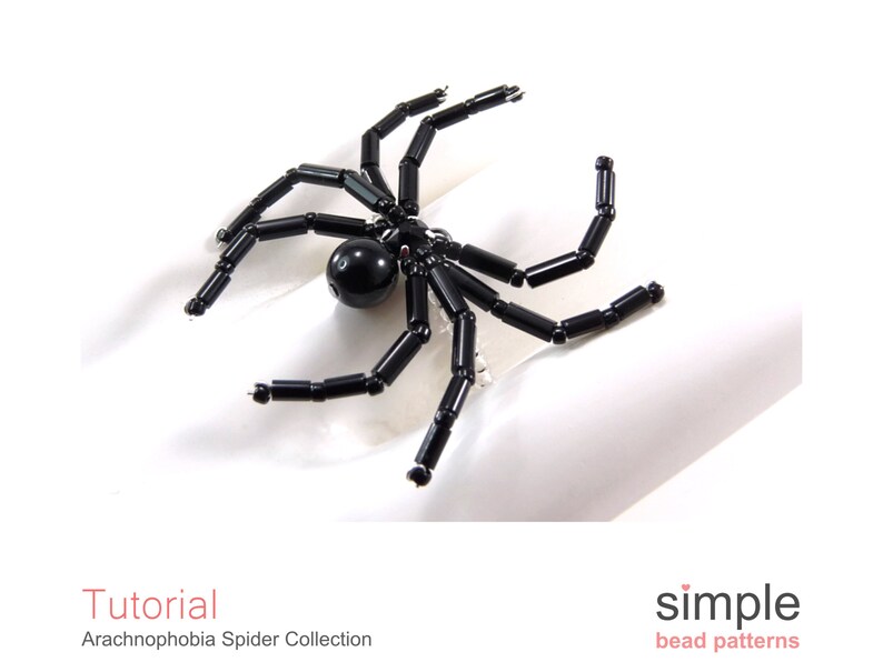 May include: Black beaded spider with a black bead for a body. The spider is on a white surface.  Tutorial Arachnophobia Spider Collection simple bead patterns